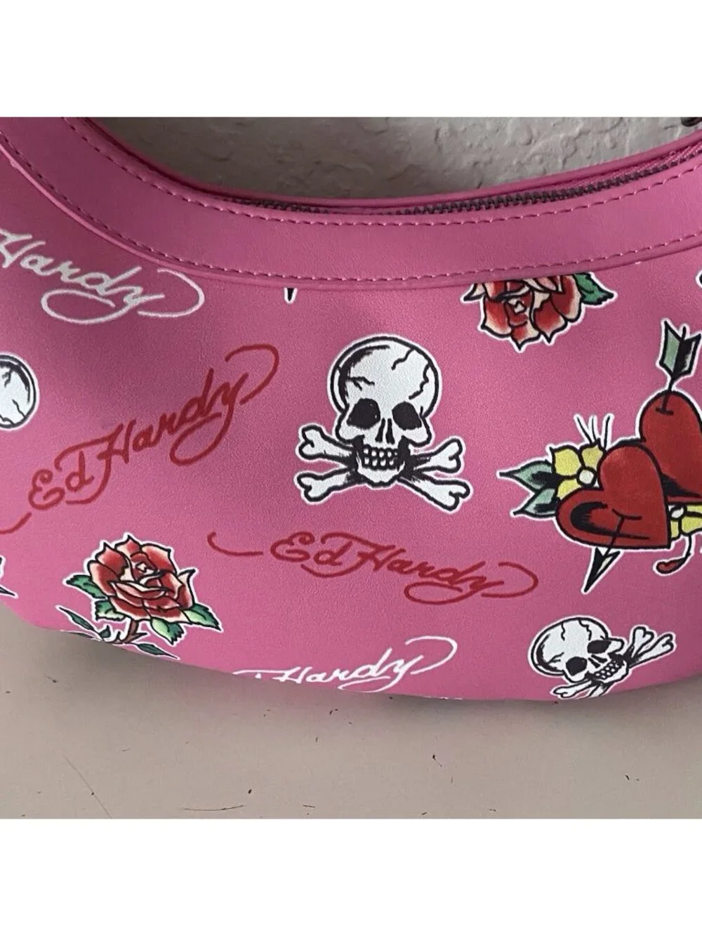 Ed Hardy Pink Hobo‎ Shoulder Bag Studded Heart Rose Skull Cross Charms NEW